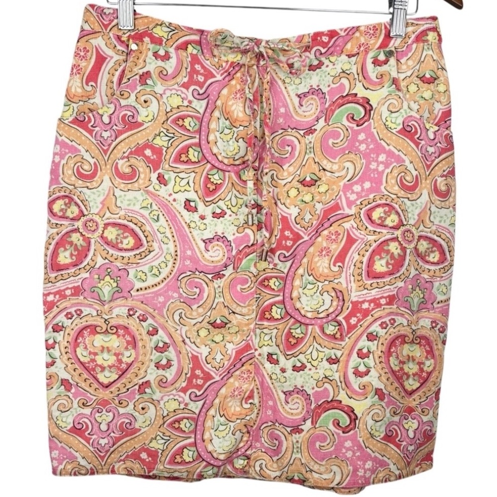 Charter Club 100% Linen Pinks Orange Cream Green Paisley Pattern Skirt 8